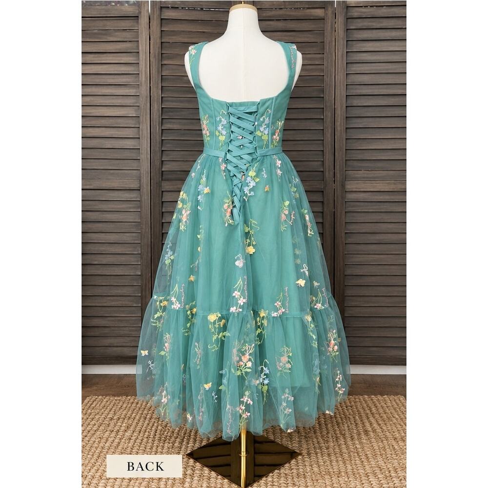 Teal Green Embroidered Floral Tulle Corset Midi Dress 10 Fairycore Formal - Picture 4 of 13